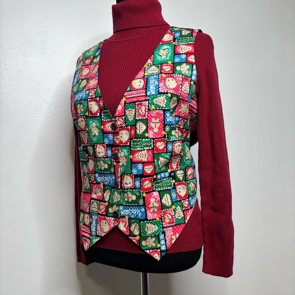Basic Editions Holiday Vest Women’s Small Christmas Gingerbread Cookie Patchwork - Picture 4 of 9